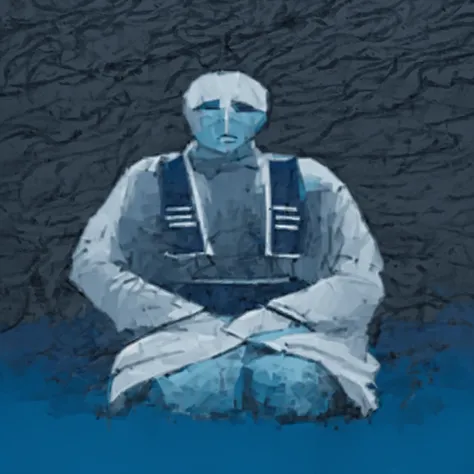 A picture of a person, sitting in a meditation pose on a blue surface, Adim Kashin, inspired by Enki Bilal, figure with hood, inspired by Gyoshu Hayami, Painting of white human figures, detailed picture of the film dunes, without faces, Ditigal painting, f...