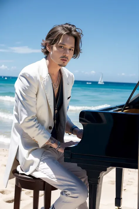 Johnny Depp 56 years old  is playing the piano on the beach, the sky is blue, the sky is white 