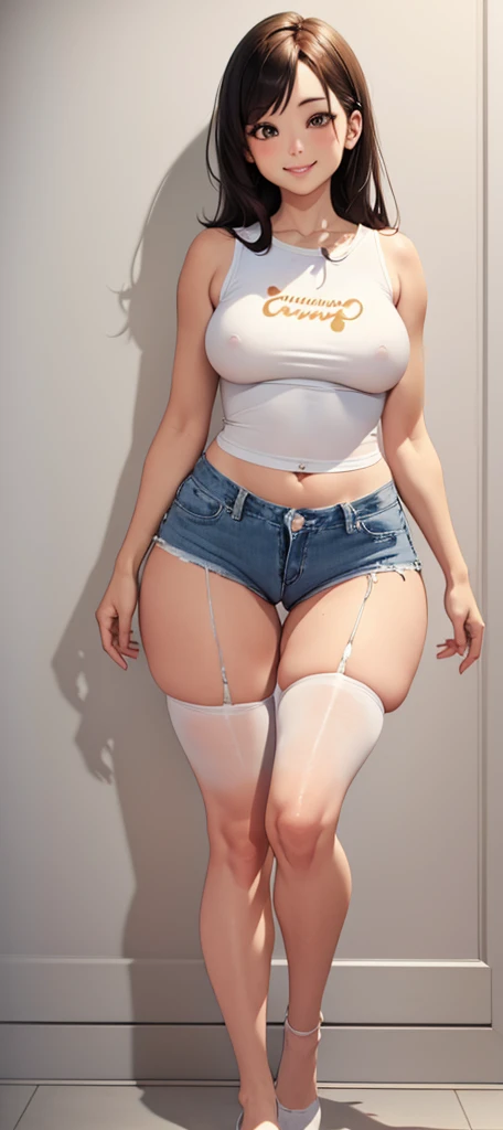 (((Fullbody))), Very Kawaii, smile, lip lips, seductive smile, Solo, Slim, Large Breasts, Plain White T-shirt, Tight Shorts, upshorts, Dynamic Angle, No Background, White Background, looking at viewer, darker shadows, (((absurdres))), (((thigh gap))), (((c...