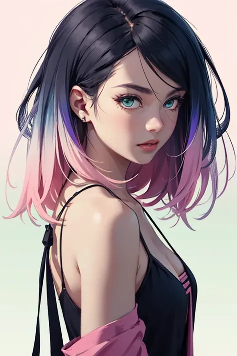 girl with long black and light pink ombre hair, blue eyes, she is wearing a black spaghetti strap style dress and a light pink cardigan, wearing a black high-top converse, aesthetically pleasing 2D focus anime with a touch of realistic vibes, Touches of sa...