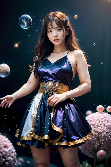 Depicts a mysterious and beautiful female character standing on suspended fragments in the cosmic starry sky。
Planets blend into the starry sky background、Elements such as nebulae and meteors。
The beautiful male characters eyes are confidenhows a strong an...