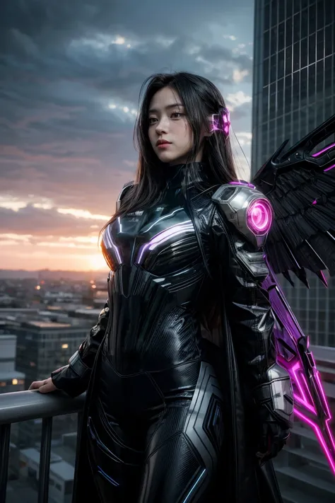 ((masterpiece, best quality, extremely detailed), volumetric lighting, ambient occlusion, colorful, glowing), 
1girl, solo, young girl, (dark hair), long hair, halo, aura, sacred, godness, cyber suit, (black outfit:1.3), android, bot, cybernetic wings,
out...