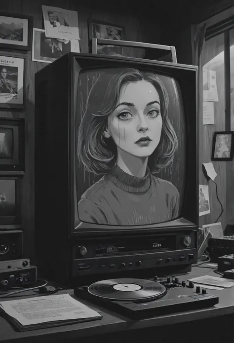 Twin Peaks, Shelley, The greatest sadness is invisible and overwhelming, vhs, Glitch, crooked, Nostalgia, 90s retro vibe, Analog Tape, vcr aesthetics, tv set, tv set, Written by hand, (Fully lined bib color) Ink, charcoal, expressive illustrations, No ligh...