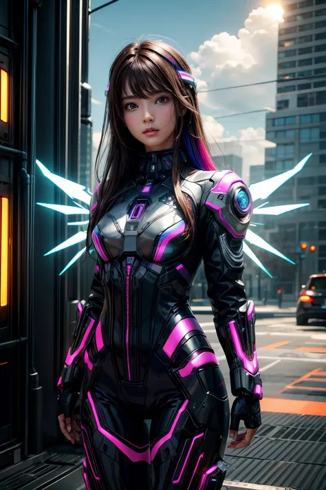 ((masterpiece, best quality, extremely detailed), volumetric lighting, ambient occlusion, colorful, glowing), 
1girl, solo, young girl, (dark hair), long hair, halo, aura, sacred, godness, cyber suit, (random-colored outfit:1.3), android, bot, cybernetic w...