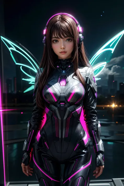 ((masterpiece, best quality, extremely detailed), volumetric lighting, ambient occlusion, colorful, glowing), 
1girl, solo, young girl, (dark hair), long hair, halo, aura, sacred, godness, cyber suit, (random-colored outfit:1.3), android, bot, cybernetic w...