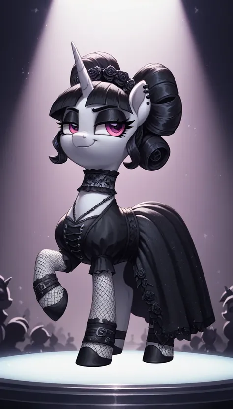 score_9,score_8_up,score_7_up,score_6_up, filly, unicorn, gothic pony, lolita goth fashion, glowing backlight, fashion show, cat...