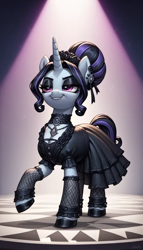 score_9,score_8_up,score_7_up,score_6_up, filly, unicorn, gothic pony, lolita goth fashion, glowing backlight, fashion show, cat...