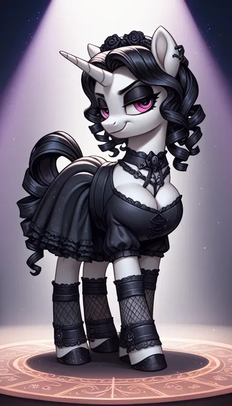 score_9,score_8_up,score_7_up,score_6_up, filly, unicorn, gothic pony, lolita goth fashion, glowing backlight, fashion show, cat...