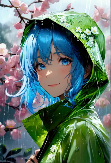 ((Top quality)), ((masterpiece)), ((Ultra Detailed)), (Extremely refined), Beautiful woman, Bright light blue hair, Long wavy hair, Sapphire blue eyes, Wearing a spring green raincoat, Raincoat with hood, The raincoat hood is translucent, Raincoat hood wit...