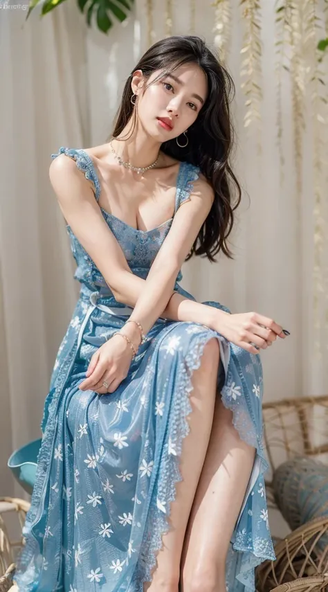 a woman sitting on a chair wearing a Blue Dress, Lovely woman, Beautiful Chinese model, Beautiful Korean woman, Fascinating and alluring, in Blue Dress, wearing Blue Dress, gorgeous lady, Blue Dress, Beautiful young Korean woman, Beautiful young Korean wom...