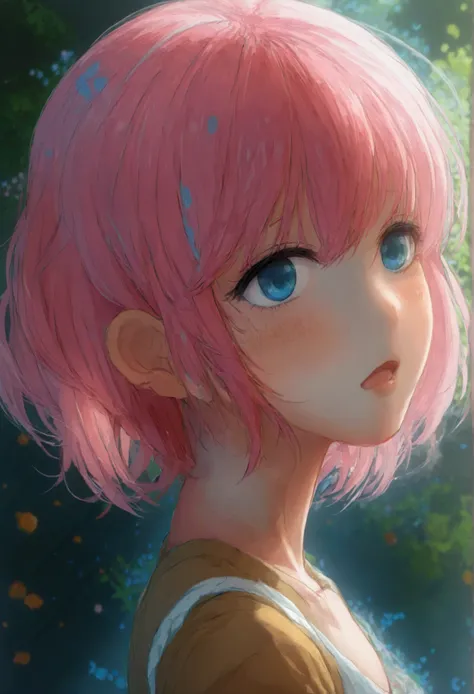 anime character, a cute girl who has pink hair and blue and red eyes