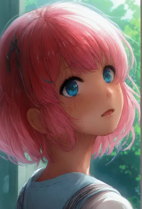 anime character, a cute girl who has pink hair and blue and red eyes