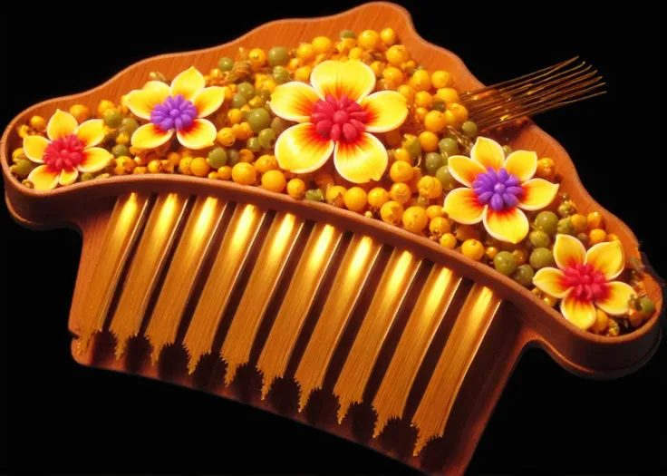 a close up of a kaneko comb with flowers on it, hair accessories, bright and complex design, stylized digital illustration, digi...