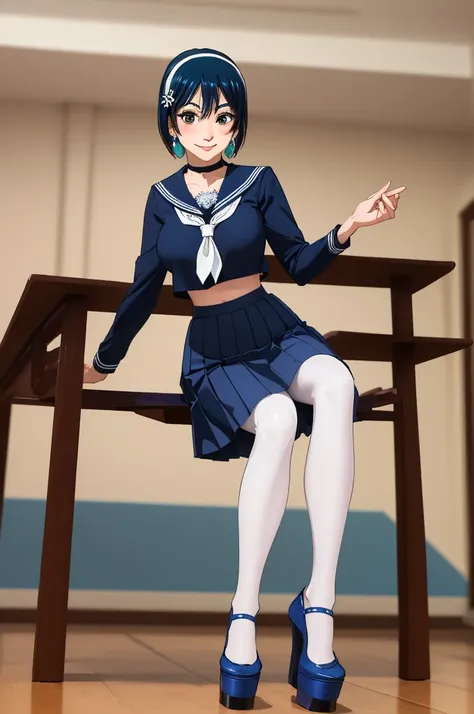 glamour photo of official art, a gorgeous girl, sitting on table, (view from below:1.2), school, classroom, (full body shot:1.2)...