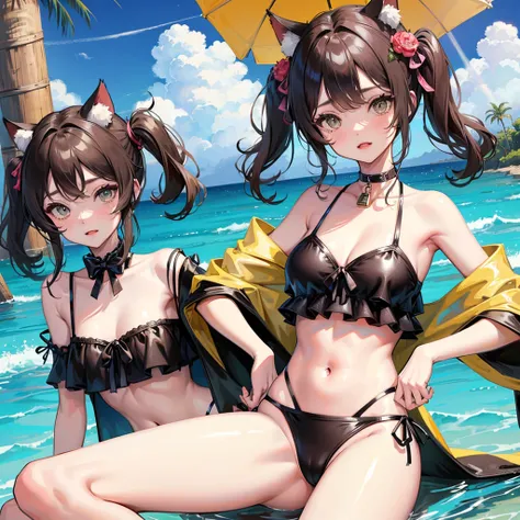 　Cat ears cow print bikini swimsuit　Cute Girls　かき氷を食べる
Cat ears cow print bikini swimsuit