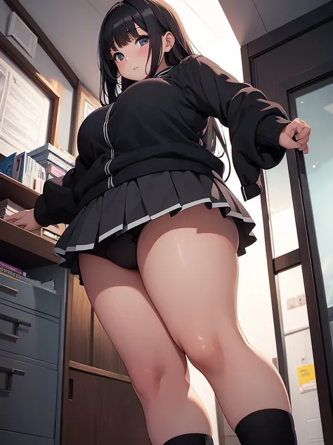 A chubby high school girl standing in only her black underwear and underwear, wearing a short skirt with her legs spread apart