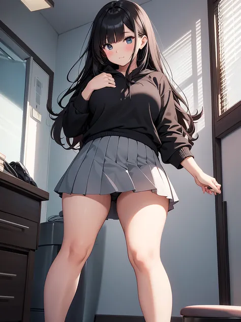 A chubby high school girl standing in only her black underwear and underwear, wearing a short skirt with her legs spread apart