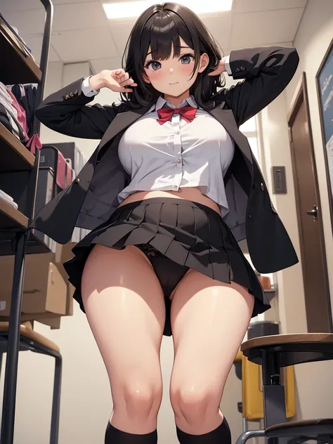 A chubby high school girl standing in only her black underwear and underwear, wearing a short skirt with her legs spread apart