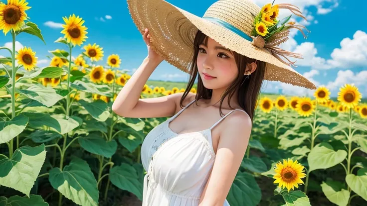 Sunflower field。Wearing a straw hat、earphone。Wearing a white dress、Big Tits Girls。Clear blue sky。Low Poly。Anime Style。Watercolor。