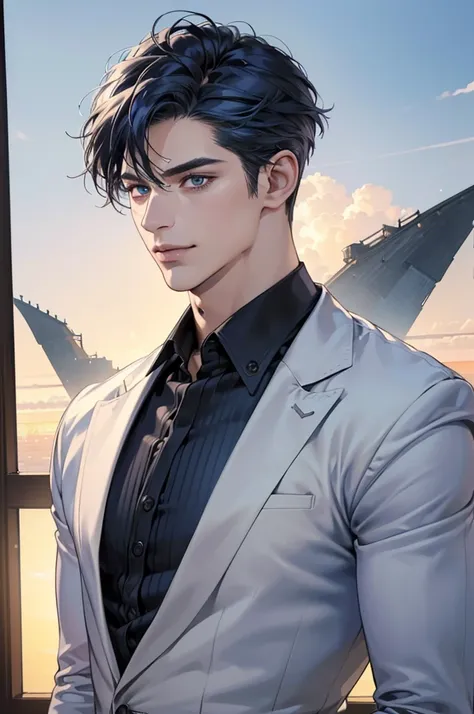 (best quality,4k,8k,highres,masterpiece:1.2),ultra-detailed,(realistic,photorealistic,photo-realistic:1.37),30 year old man,handsome anime,portraits,strong,masculine,dark blue hair,sharp jawline,mesmerizing eyes,perfectly styled hair,short hair, cool anime...