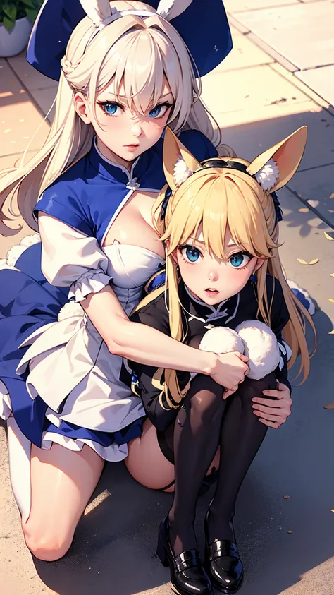 Rabbit Arturia&#39;s hairstyle, Artoria the Rabbit Cosplay Costume, One girl, Pectoral muscle, alone, Blonde, Green Eyes, French Braidings, Long Hair, Big ample breasts, Cleavage, ponytail, Side Lock, Bans, belly button, Looking up at the viewer, Bare shou...