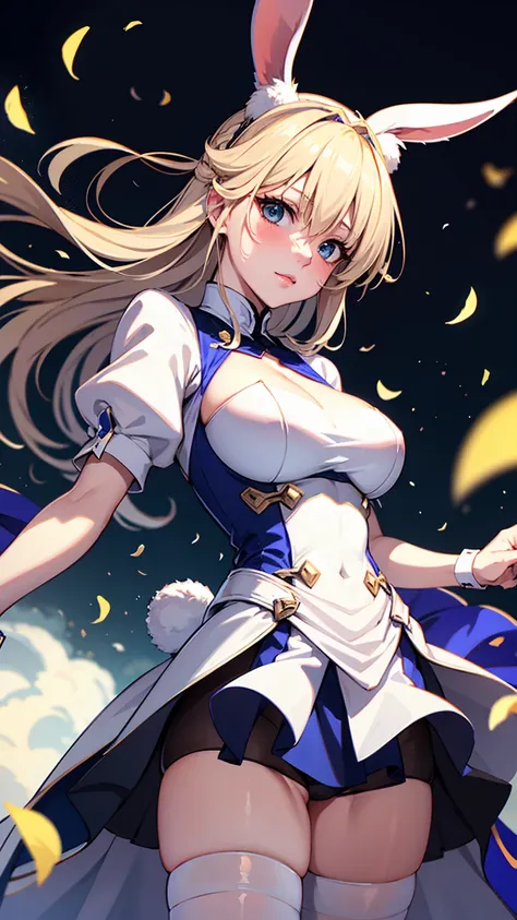 Rabbit Arturia&#39;s hairstyle, Artoria the Rabbit Cosplay Costume, One girl, Pectoral muscle, alone, Blonde, Green Eyes, French Braidings, Long Hair, Big ample breasts, Cleavage, ponytail, Side Lock, Bans, belly button, Looking up at the viewer, Bare shou...