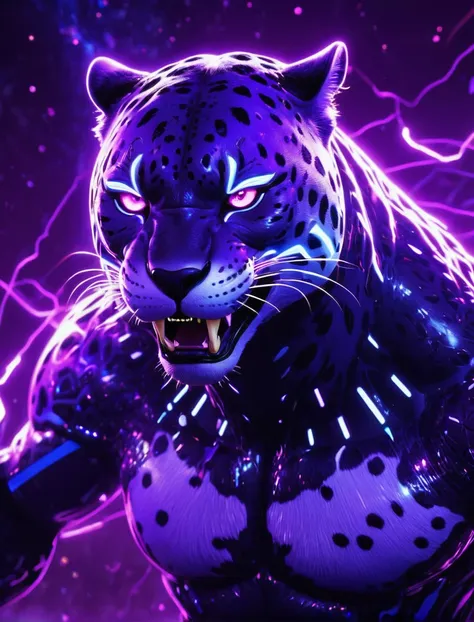 a ferocious, futuristic lightning jaguar character with sharp, glowing purple eyes and sleek, neon purple fur, set against a cos...