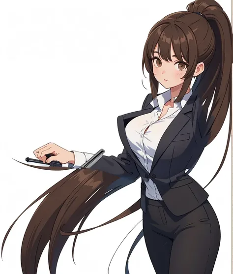 business suit with white shirt, holding gun, action pose, gun in hand, pointing gun to the side