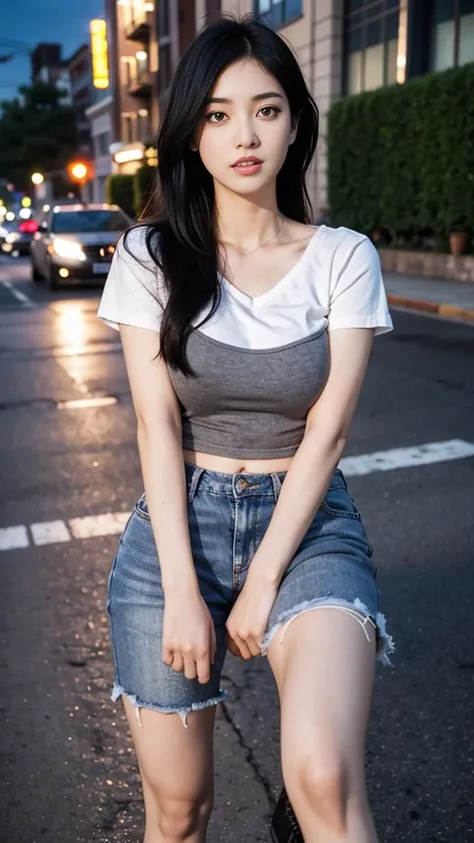 A sexy girl, wavy hair, eyeshadow, eyeliners, eyelash, double eyelid, blush on, braless, wearing casual white tight basic shirt with u-neck spandex short-sleeve and ripped short pants jeans, stilettos, high heels, seductive pose, night at downtown sidewalk...