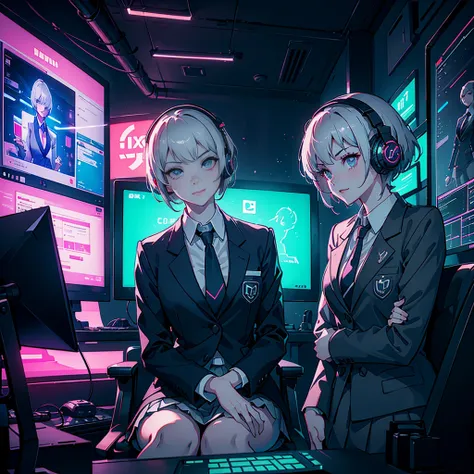 A Full body Portrait of a girl with short grey pixie cut hair, both in school uniforms with blazers and ties, girl is smirking while looking to the computer screen, sitting on inside of a neon-lit computer gaming cafe, wearing gaming headphone, neon game c...