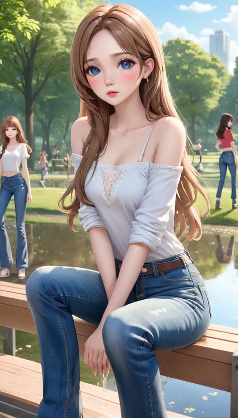 ((best quality, masterpiece:1.3, 8K)), (detailed), highly detailed face and skin texture, detailed eyes, park, pond, bench, full body, (slender body:1.1), (a group of girls:1.5), 25 years old, white skin, bright lips, worried, embarrassed, long hair, (fore...