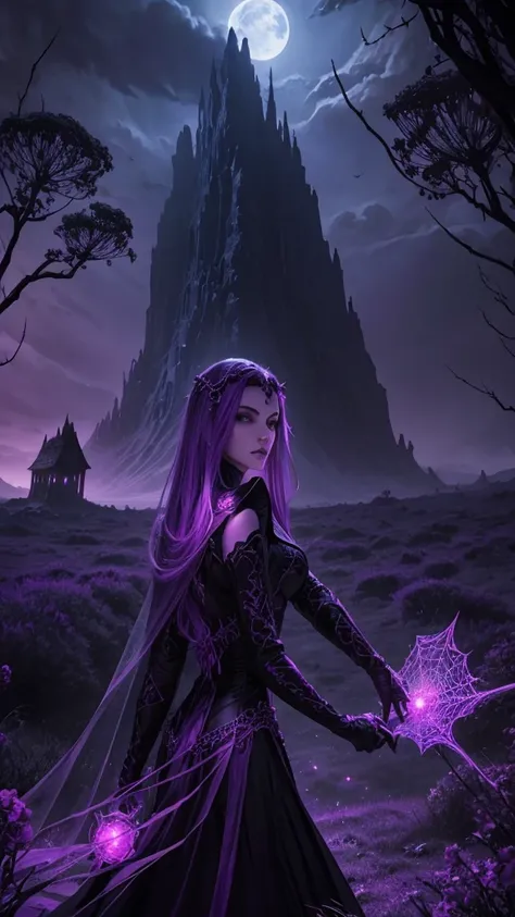 Lanscape, Lolths realm, purple and black colors, spider webs, dreadful vibe