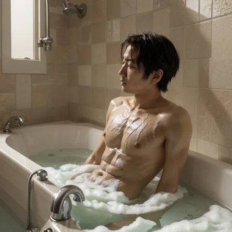 Illustrate a grandiose scene featuring Araki Ryuuichi from "The Knight in the Area"  bubble bath blows