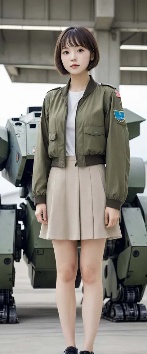 ((A girl wearing a camouflage Army military uniform)),(full body),((the girl has very very short hair style:1.68)),((bangs)),((the girl is 15 years old)),(the girl has abnormal ultra extra gigantic huge breasts:1.98),(the girls each breast is more than the...