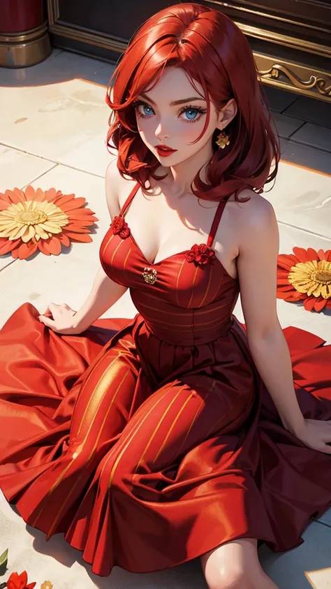 Girl, red dress, gold stripe in the middle of the dress, a shiny gold flower, red hair, blue eyes, and a red lip.