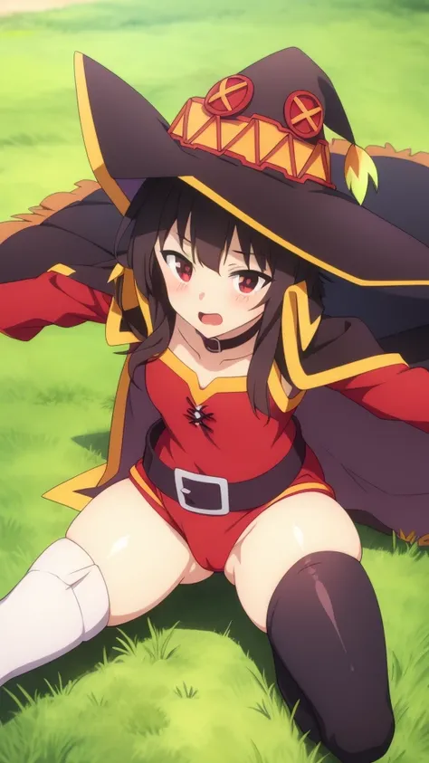 Megumin, blushing, tender, 15-year-old appearance, small breasts, lying on the ground, Pussy visible