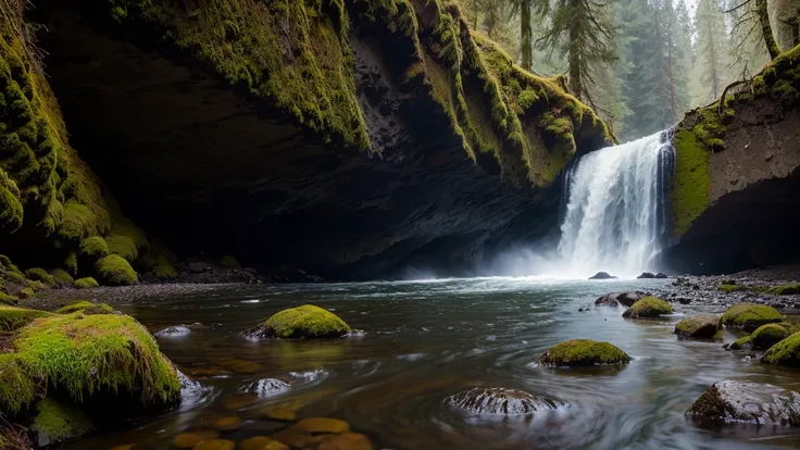 Punch Bowl Falls along the Eagle Creek Trail in Oregon with focus on the rocks in the foreground