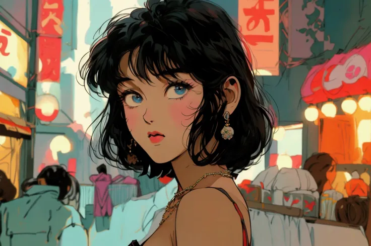 A retro girl（Lovely:1.3 points）,（Eighties:1.4 points）,（Retro Hong Kong style:1.3 points），whole body，High heel，Showa manga，1990s animation style，Antique Jewelry，Black long hair，earrings，necklace，blue eyes，Cleavage，Retro long skirt，Bare arms，Hongkong，High he...