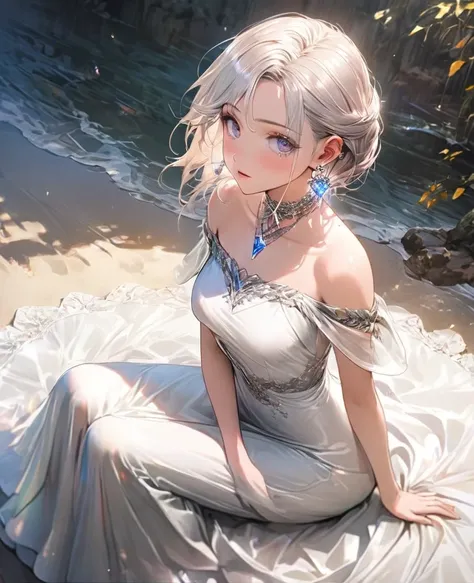 8K,gal，an extremely delicate and beautiful,Beautiful and realistic skin,Shiny jewel-like earrings,Long silver hair,beautiful eyes,full body,head to toe,beautiful regs,long dress,fance