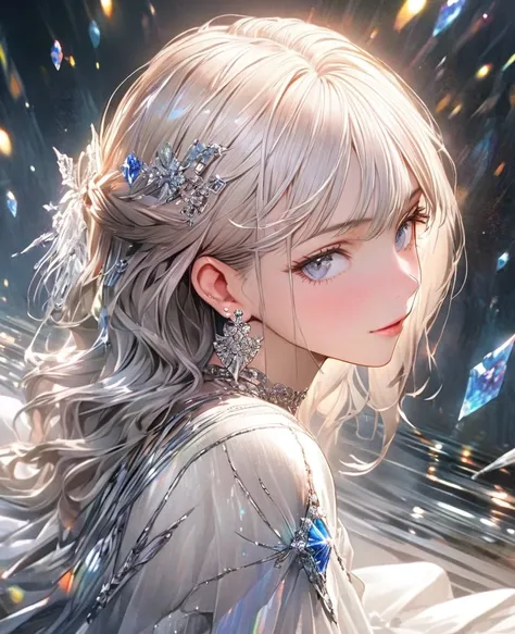 8K,gal，an extremely delicate and beautiful,Beautiful and realistic skin,Shiny jewel-like earrings,Long silver hair,beautiful eyes,full body,head to toe,beautiful regs,long dress,fance