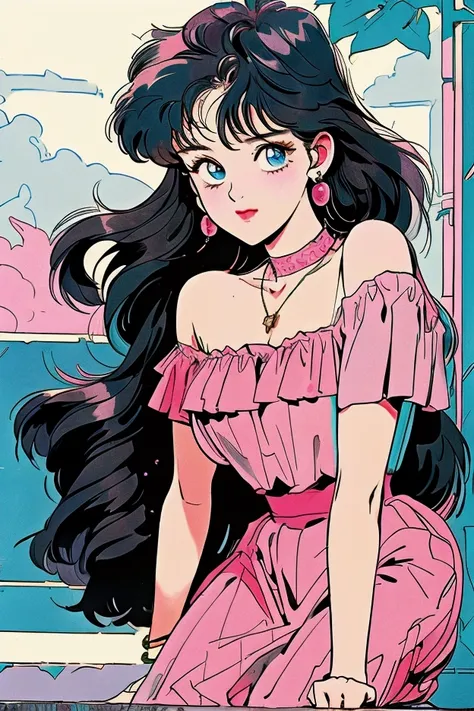 A retro girl（Lovely:1.3 points）,（Eighties:1.4 points）,（Retro Hong Kong style:1.3 points），whole body，High heel，Showa manga，1990s animation style，seaside，Bikini，Antique Jewelry，Black long hair，earrings，necklace，blue eyes，Cleavage，，Bare arms，Hongkong，High hee...