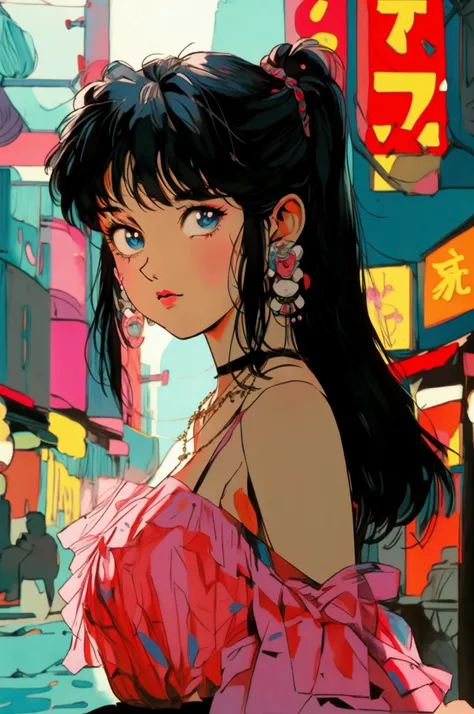 A retro girl（Lovely:1.3 points）,（Eighties:1.4 points）,（Retro Hong Kong style:1.3 points），whole body，High heel，Showa manga，1990s animation style，Antique Jewelry，Black long hair，earrings，necklace，blue eyes，Cleavage，Retro long skirt，Bare arms，Hongkong，High he...