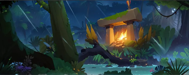 Deserted Island Environment，night，Desert island，Shelter made of stone，It was raining heavily，Clash Royale Style, high quality, Fine details, beautiful landscape, Flawless