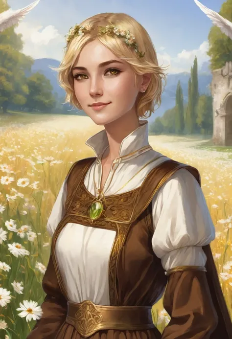 1 female angel, italian face, fantasy, young adult girl, she is wearing brown cheap medieval clothes, she has blond short bobcut hair, she has gold gemstone eyes, she is smiling, white flowers field in background, fantasy, she has one angelic big wing whit...