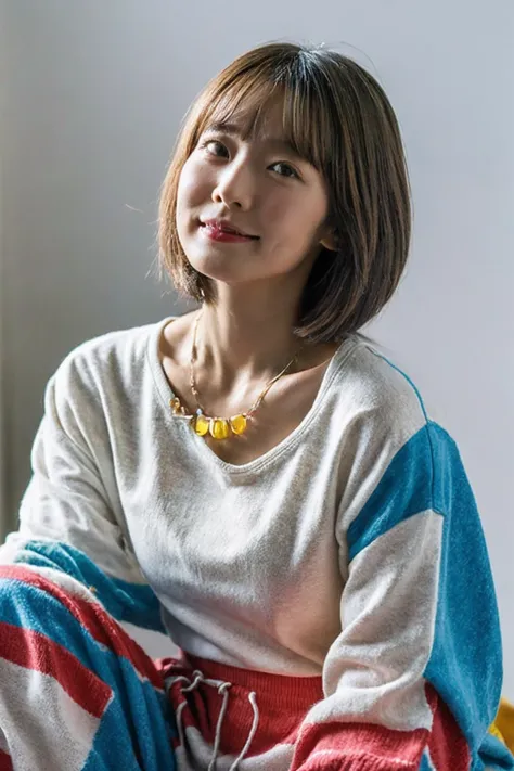 (Highest quality, 8K, 32k, masterpiece, Ultra-high resolution:1.2),Beautiful Japanese Women Photos, Rainbow clothes、Rainbow hoodie、Large Breasts, Very short bob hair,Gray Hair, necklace, Simple Background, From above, View your viewers,White Hair、White bac...