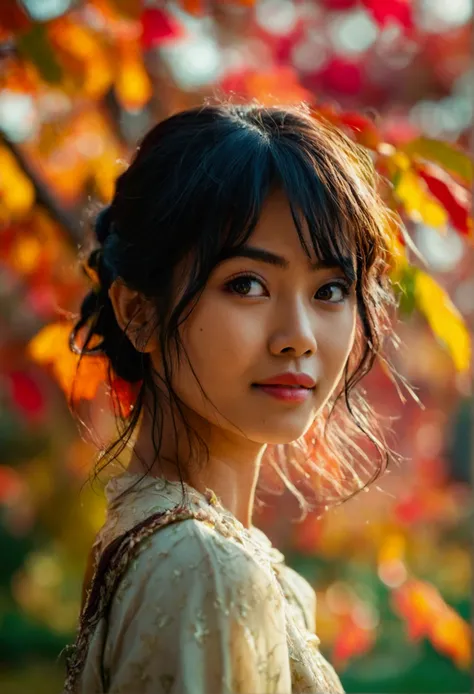 RAW photo, portrait of  gorgeous Burmese woman in the park, smiled, dark eyebrows, autumn vibes, vivid colours, intricate details, vivid colours, exquisite masterpiece, UHD, ultra detailed, award winning photography, captured using DSLR camer