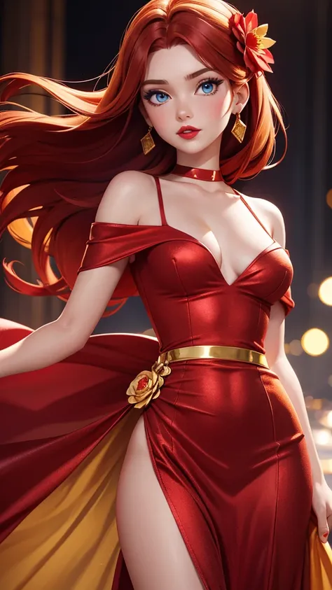 Girl, red dress, gold stripe in the middle of the dress, a shiny gold flower, red hair, blue eyes, and a red lip.