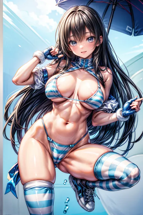 Super big breasts、The best smile、High leg striped bikini、Blue and white horizontal striped bikini、striped knee high socks、Striped Long Gloves、Ultra glossy、sneakers、Detailed picture、girl、25-year-old woman、Dynamic and lively pose、Crotch line、Erect nipples