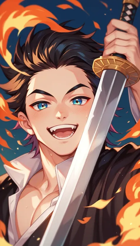 boy (beginning) Using the sword, Fire from the sword, Happy expression, Demon slayer、Tanjiro Kamado