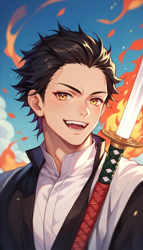 boy (beginning) Using the sword, Fire from the sword, Happy expression, Demon slayer、Tanjiro Kamado